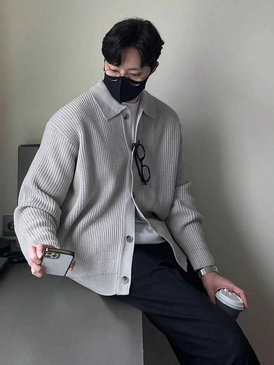 Men's Ribbed Knit Button-Down Collar Cardigan Sweater for Fall Winter