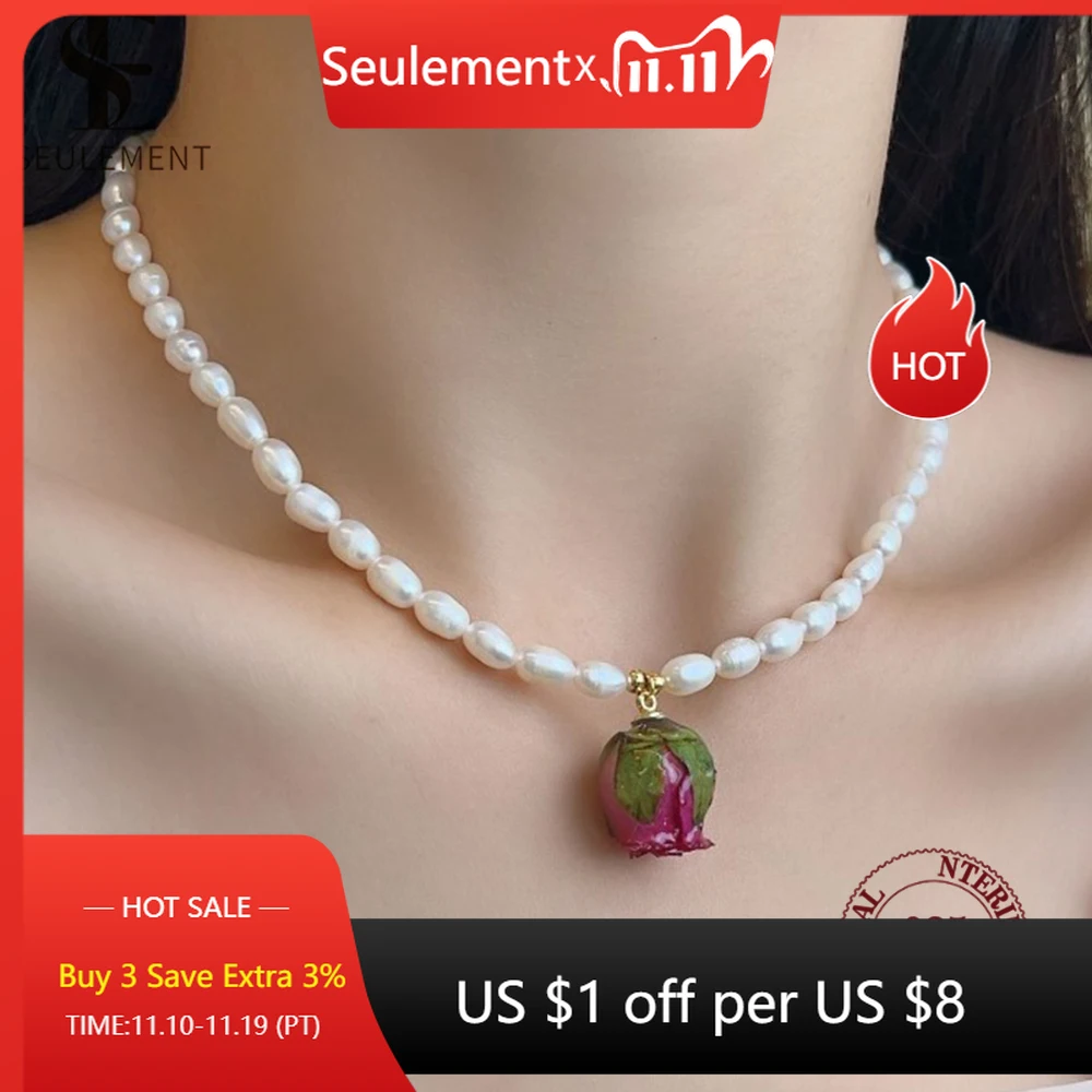 

Seulement Natural Freshwater Pearl Necklace for Women Real Rose Eternal Flower Pendant Necklaces Classics Jewelry Accessories
