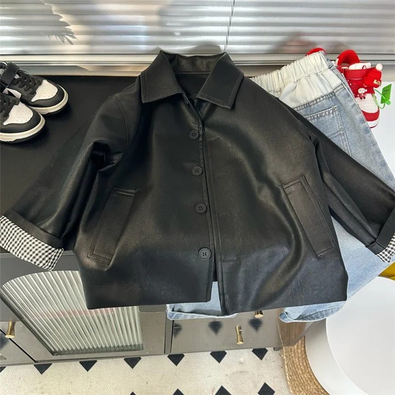 Spring Boys Girls Leather Jackets Autumn Children Turn-down Collar Pu Outerwear Kids Classics Handsome Coats Teenager Clothing