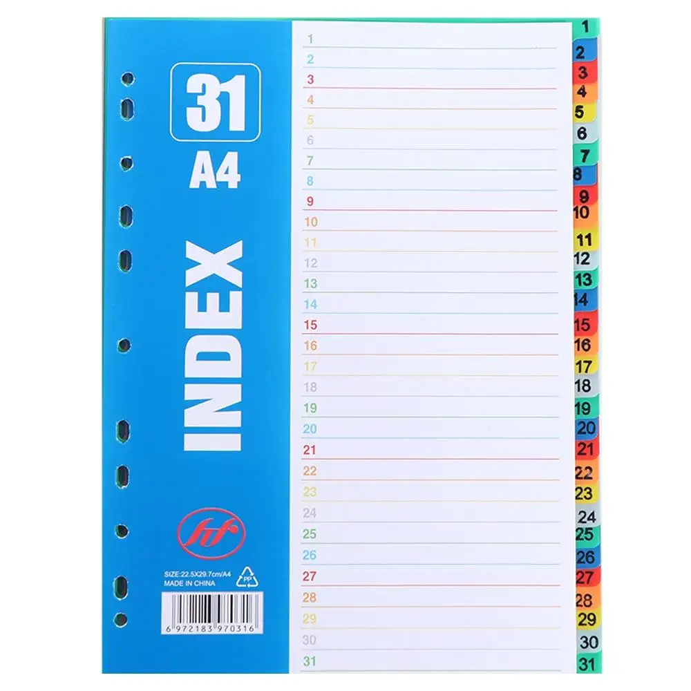 5/10/12/20/31Pages Index Separator Page Numbers A4 Size Loose-leaf Dividers 11Holes Colored Binder Dividers Office Supplies