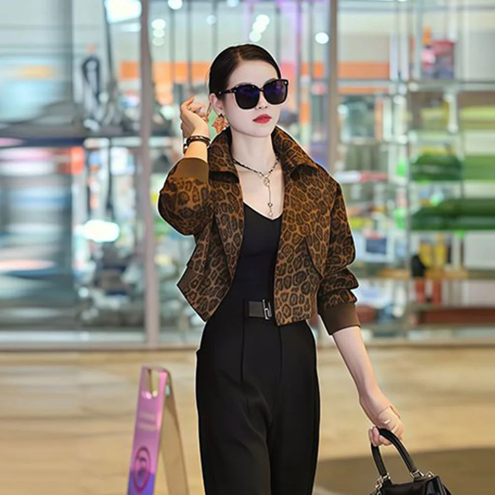 Giacca da donna con stampa leopardata High Street Cappotti corti con risvolto retrò americano Donna Casual Cerniera Manica lunga Capispalla Autunno Nuovo cappotto