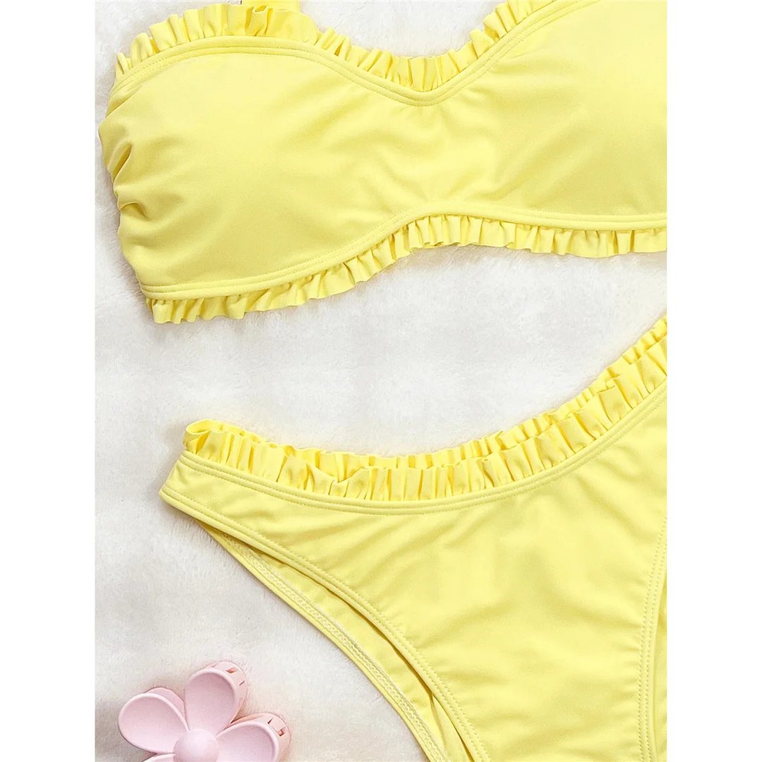Rüschen-Bikini mit Mid-Waist-Schnitt, brasilianischer Stil, Damen-Badeanzug, zweiteiliges Bikini-Set, Badebekleidung, Badeanzug, Modell V7297. – Detail 9