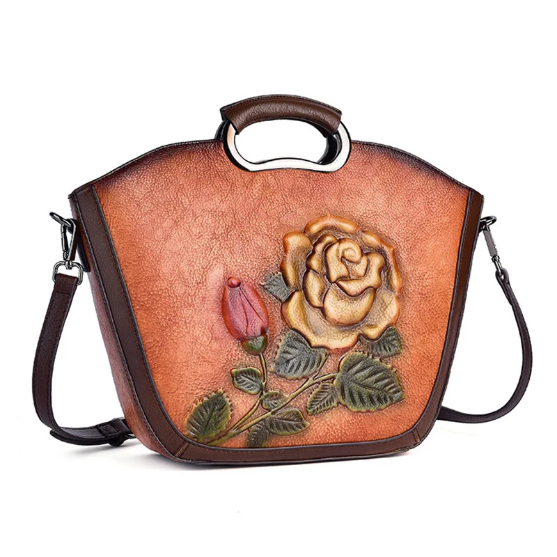 Genuine Leather Top Handle Bag Female Handbag Famous Brand Flower Pattern Natural Skin Vintage Women Single Shoulder Tote Bags