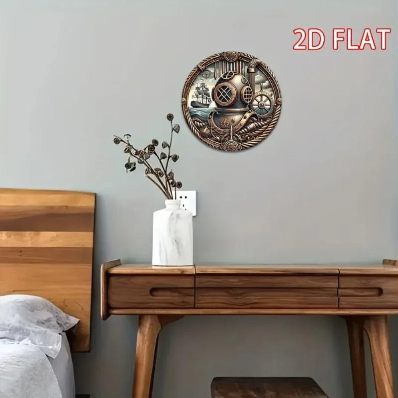 2D Flat Room Decoration, Antique Bronze Round Iron Decorative Sign——Naval Art, Featuring Diving Helmet, Rudder, and Steering Wheel