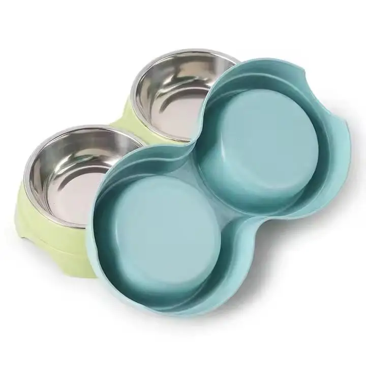 2-in-1Cat Dog Drinking Feeding Bowl Colorful Wheat Straw Base Stainless Steel Pet Tableware Healthy Safe Double Bowl Feeding Set