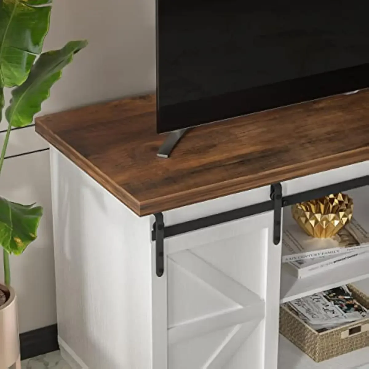 Farmhouse TV Console for 65 Inch Screens with Smooth Sliding Barn Doors Bright White Finish Durable Laminate Construction Two Co