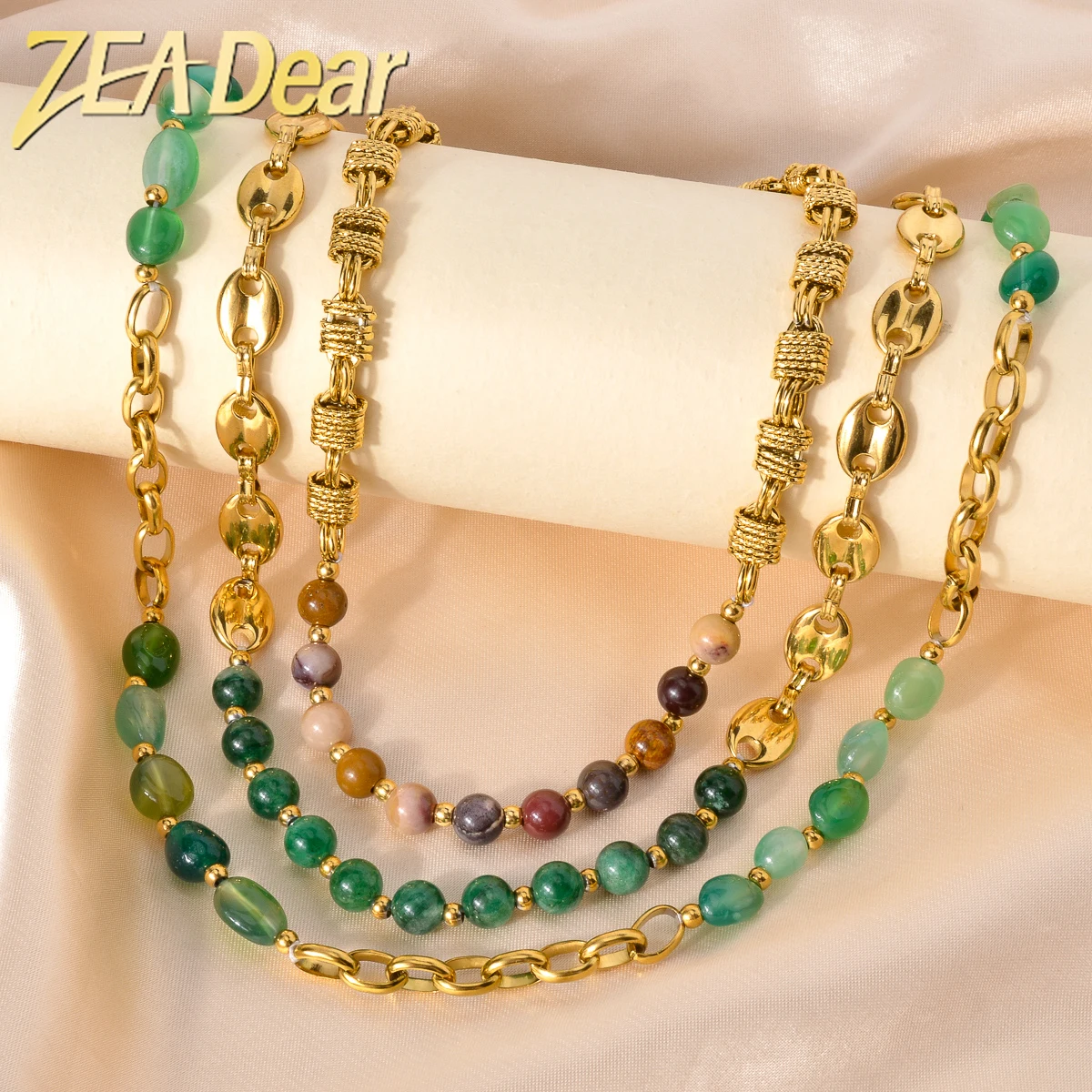 ZEADear Jewelry Stainless Steel Coffee Bean Chain Natural Stone Beads Choker Necklace For Women Boho Jewellery Gift Dropshipping