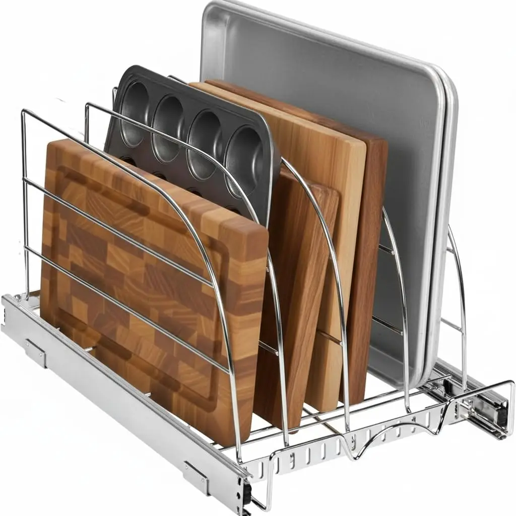 

Pull Out Cabinet Organizer for Bakeware and Trays, Adjustable Dividers, Heavy Duty - Fits Narrow Spaces, Chrome Finish