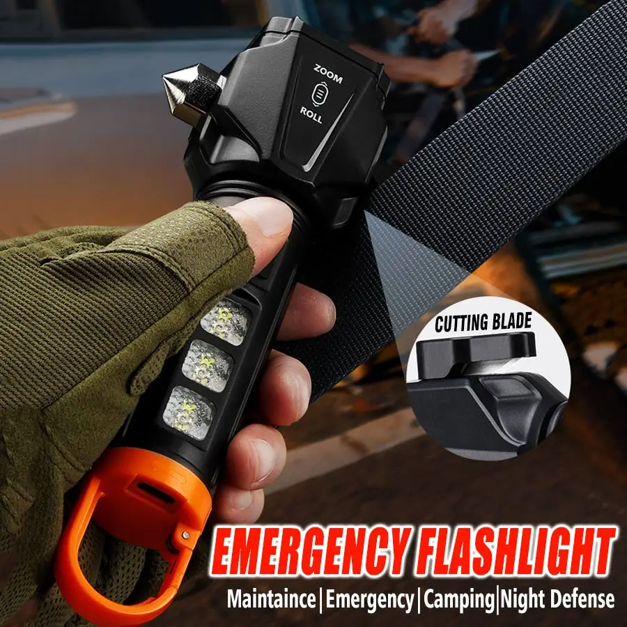 

Tactical Led Flashlight for Emergency Defense,with Safety Hammer, Seatbelt Cutter & Strobe Mode for Emergency Survival & Safety