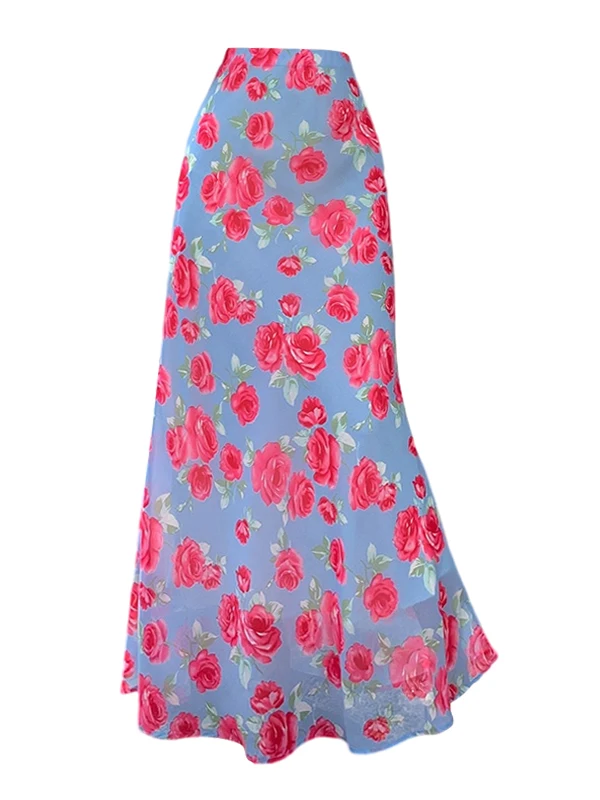 Dames zomer zoete bloemen chiffon zeemeermin rok dame streetwear vakantie hoge taille slanke fishtail lange rok