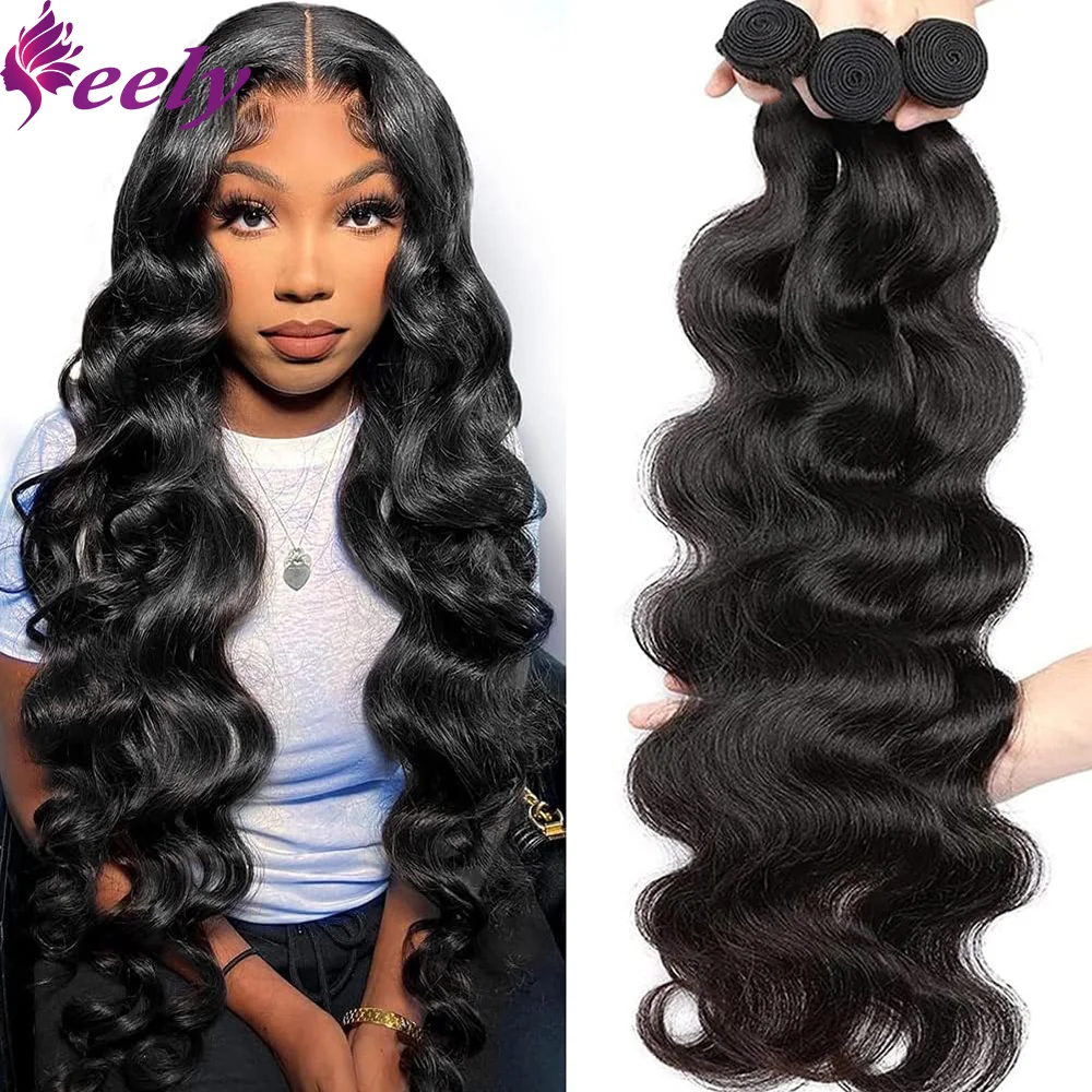 Bundles brésiliens de cheveux humains Body Wave pour femmes, 100% cheveux humains ondulés à l'eau, extensions de cheveux non transformés, noir naturel, 22, 24, 26 ans