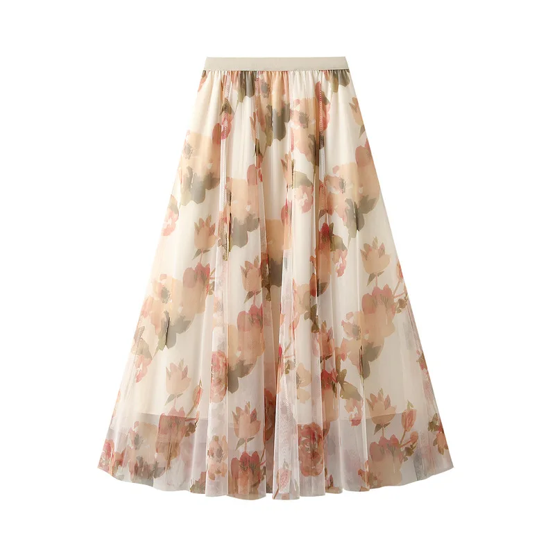 Printed half length skirt, A-line umbrella skirt, summer 2024 new women's clothing, medium length, high waist, slimming effect