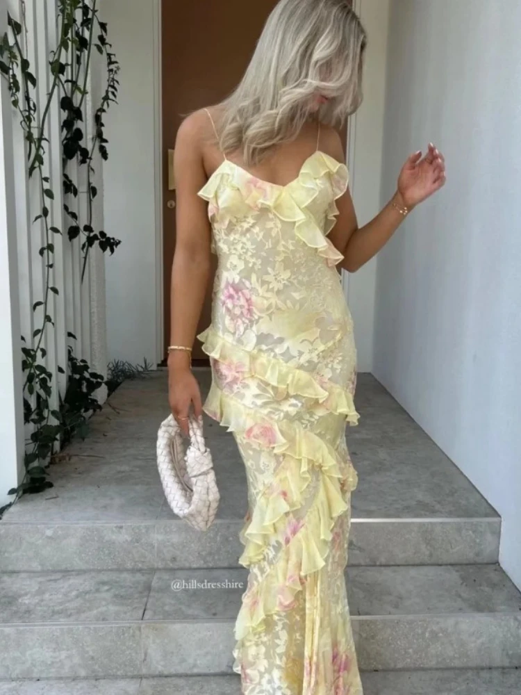 Novo vestido longo feminino com decote em v, babado, slim, moda, sem mangas, estampa floral, suspensório, casual, costas nuas, verão, praia