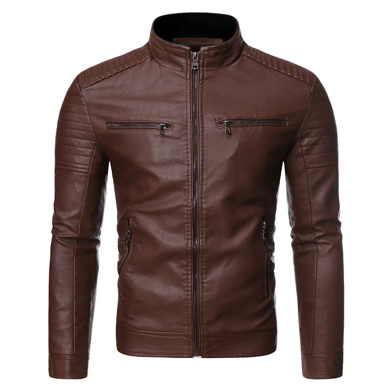 

Spring and Autumn Men's Stand Up Collar Striped Double Zipper PU Leather Jacket with Pockets Motorcycle Style Men's Coat
