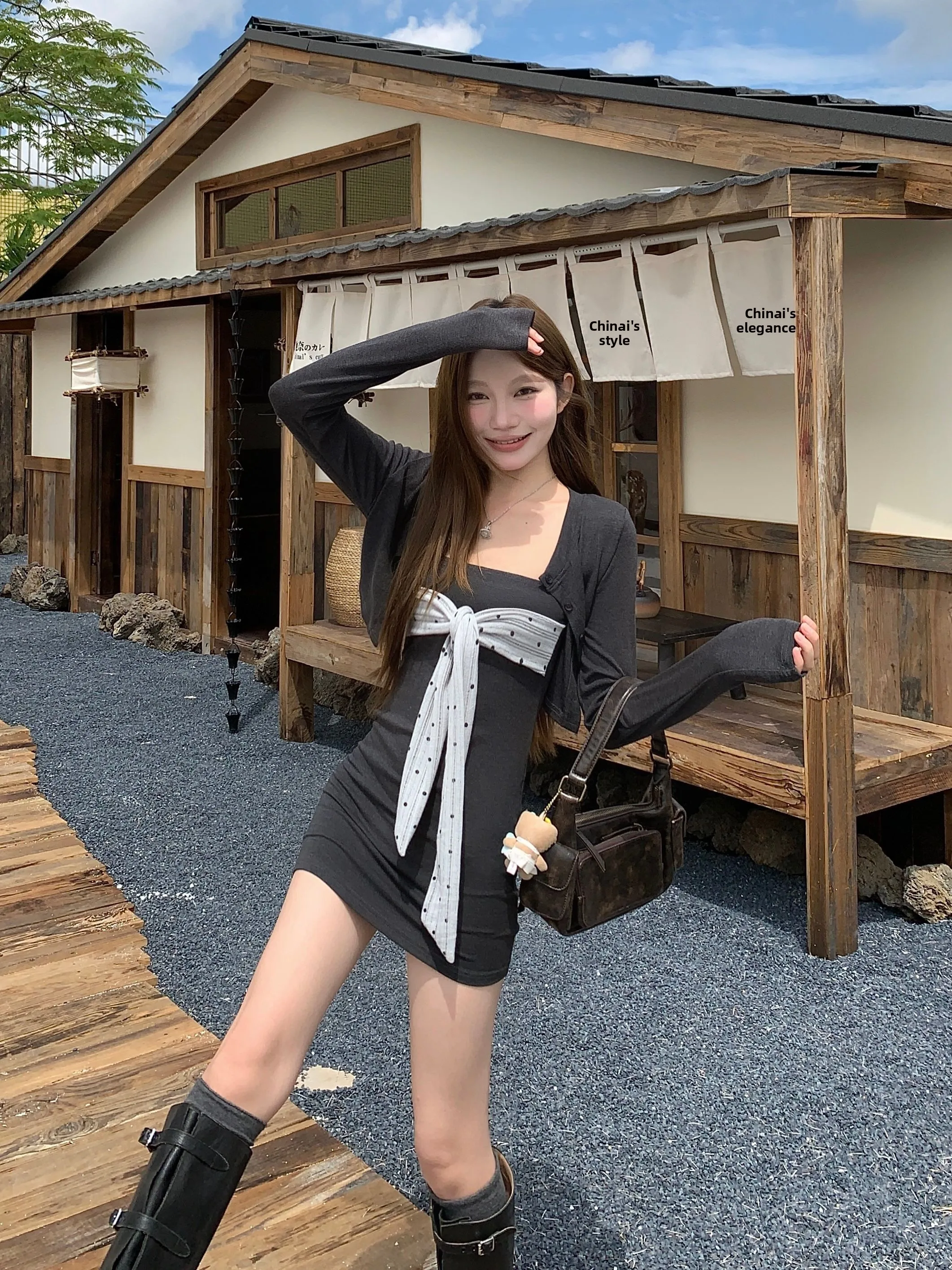 

Fashionable Polka Dot Wrap Dress Women's Autumn 2025 New Spicy Girl Grey Open Cardigan Bodycon Short Skirt Set High Waist Sho...