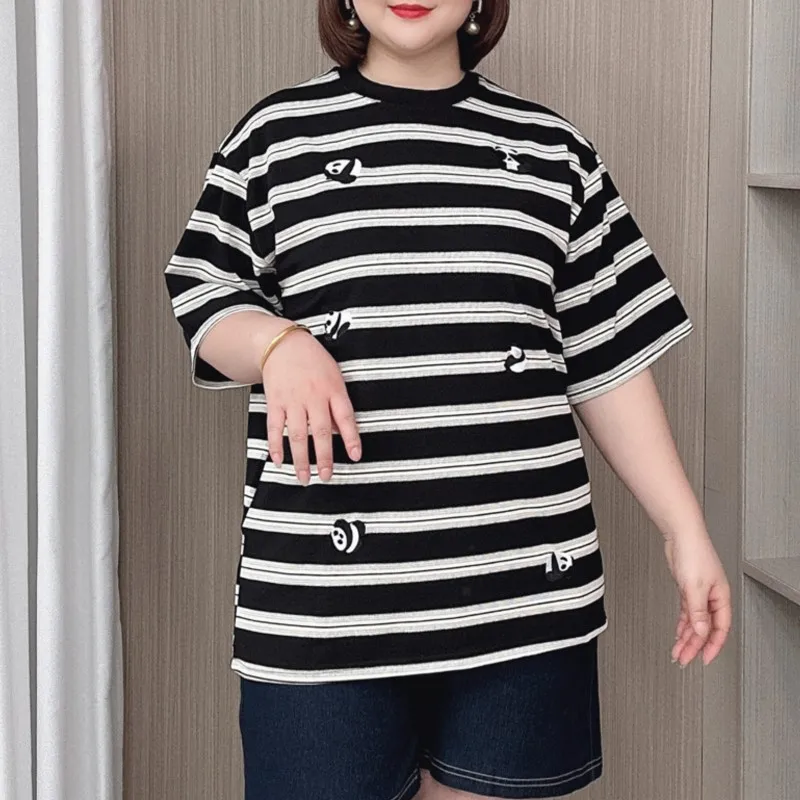 Striped Panda Embroidery Short Sleeve T-shirt Women Summer 2024 New Plus Size Casual Crew Neck Tops