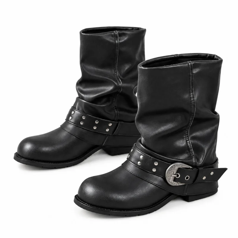Botas Biker Media Caña Mujer Negras Botines Moto Punk Remaches Hebilla Efecto Cuero Botas Arrugadas Tacón Bajo Ancho Zapatos Casuales Cómodos