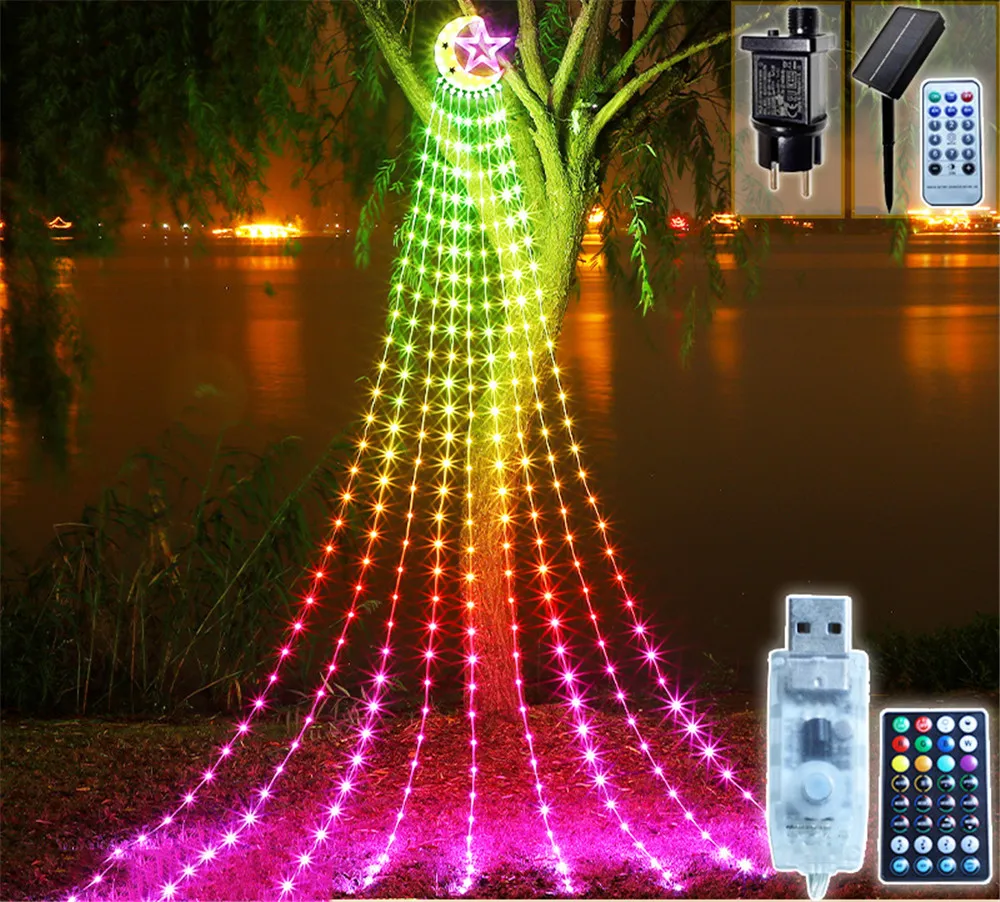 

Led Smart 8 Modes Moon and Star Waterfall Fairy App Control Flowing String Light for Indoor Outdoor Garden Tree Christmas