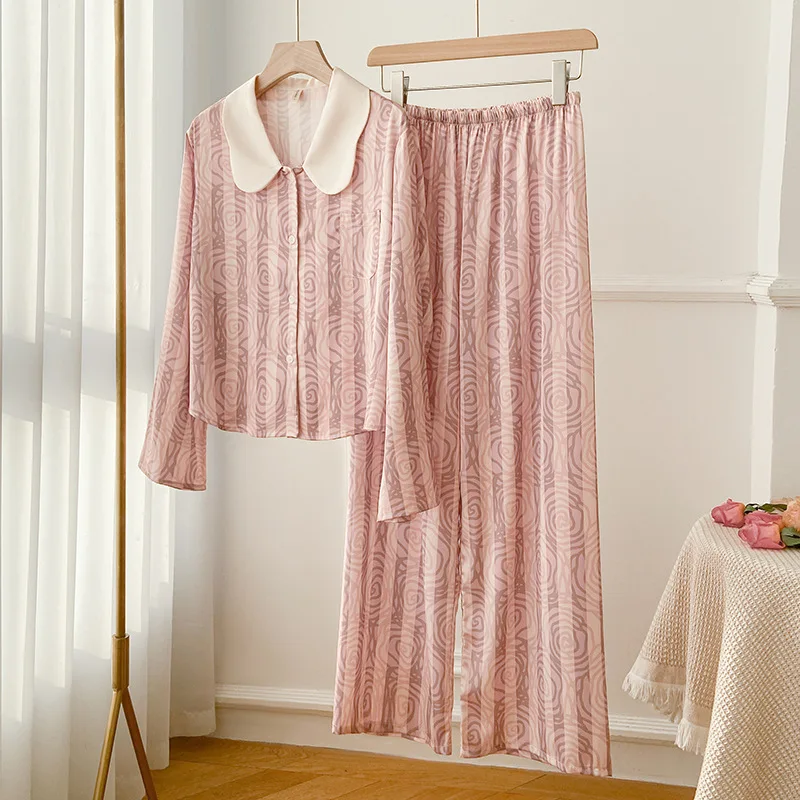 Female Pink 2Pcs Pajamas Set Spring Summer Silky Satin Sleepwear Trouser Suit Print Flower Trouser Suits Home Clothes Loungewear