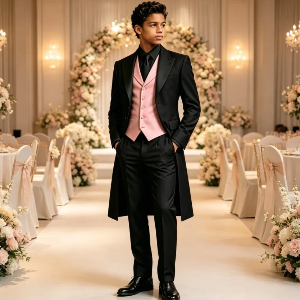 Vintage Long Formal Wedding Tuxedo for Boy 3 Pieces Tailor Made Child Suits Wedding Formal Outfit Long Jacket Pants Vest