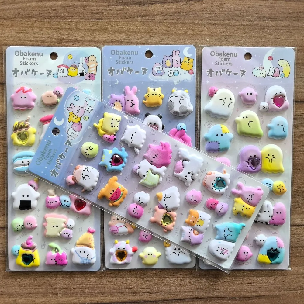 4 Sheets/Pack 3D Adorable Plushy Bubble EVA Stickers with Diamonds, Ghost Animal Reusable Adhesive Stickers for DIY Craft