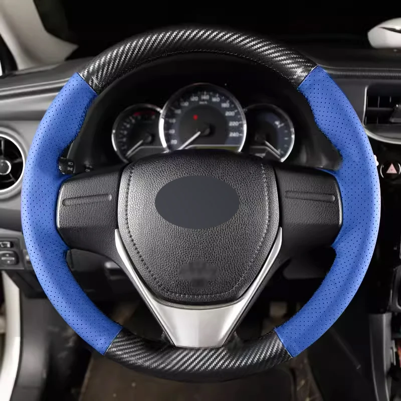 Matt Carbon Fiber with Blue Leather Steering Wheel Cover Car Accessoires for Toyota Corolla Camry Wildlander Levin Avalon Rav4