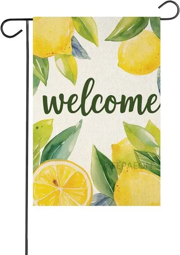 Lemon Garden Flag Watercolor Painting Fruit Green Leaves Linen, 12x18 Inch RRI