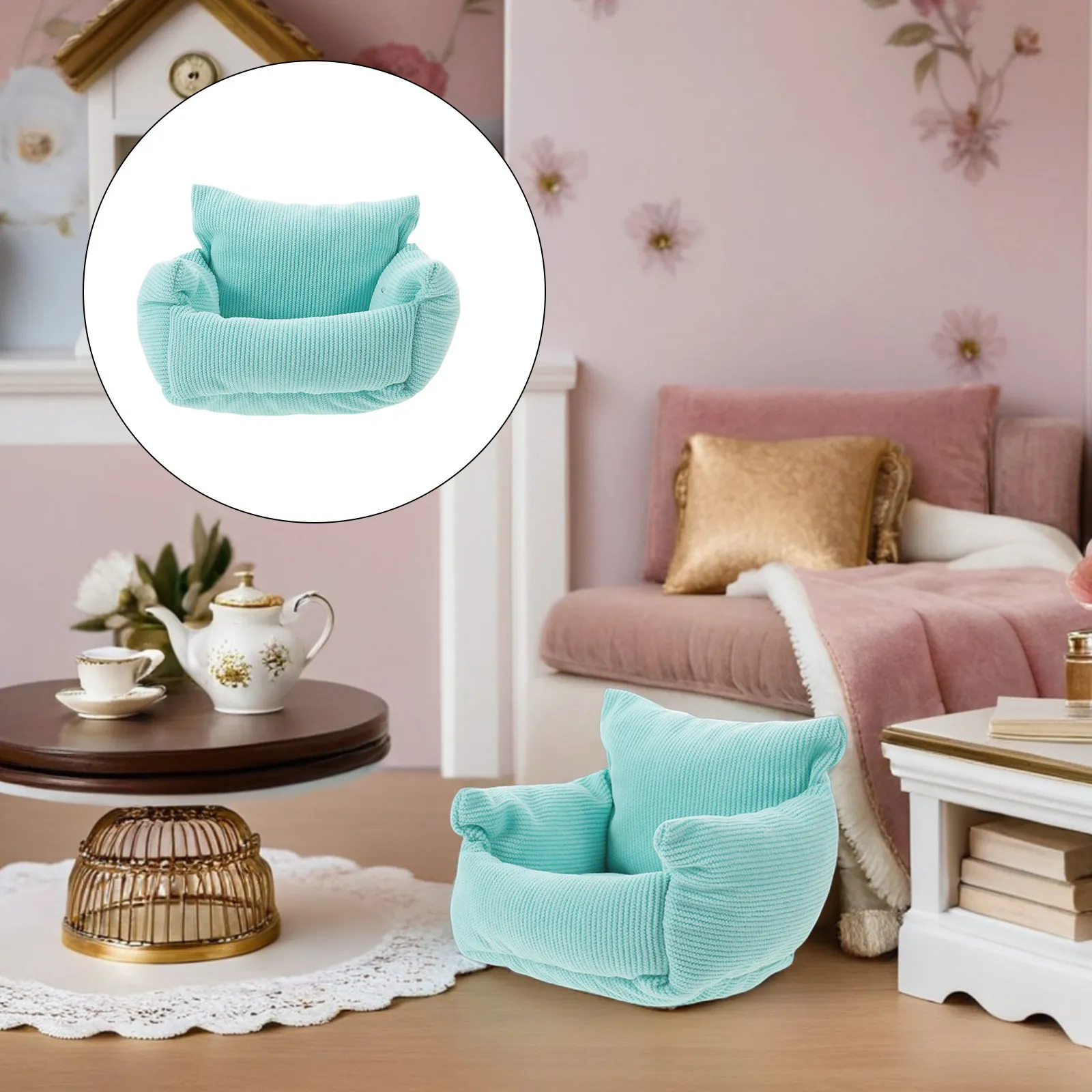 

1:12 Scale Miniature Dollhouse Couch Green Upholstered Armchair Cozy Living Room Furniture Tiny Retro Reading Chair Mini Home