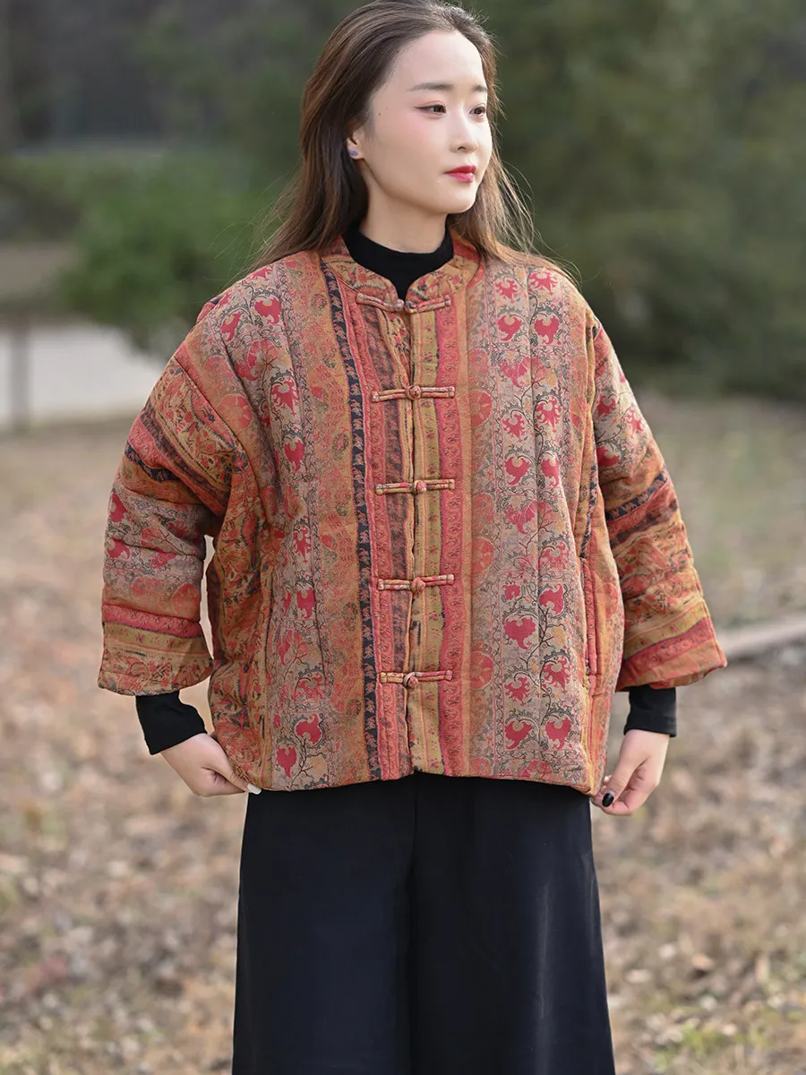 

Женские повседневные стеганые пальто из 100% хлопка, новинка 2025 года, зимние свободные женские толстые теплые стеганые куртки в китайском стиле с винтажным принтом M2212