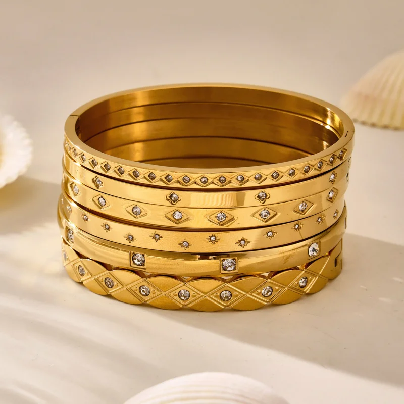 18K Gold-Plated Stainless Steel Stackable Bracelet Star-Shaped Diamond Zircon Cuff Bracelet Anti-Color Luxury Women'S Jewelry