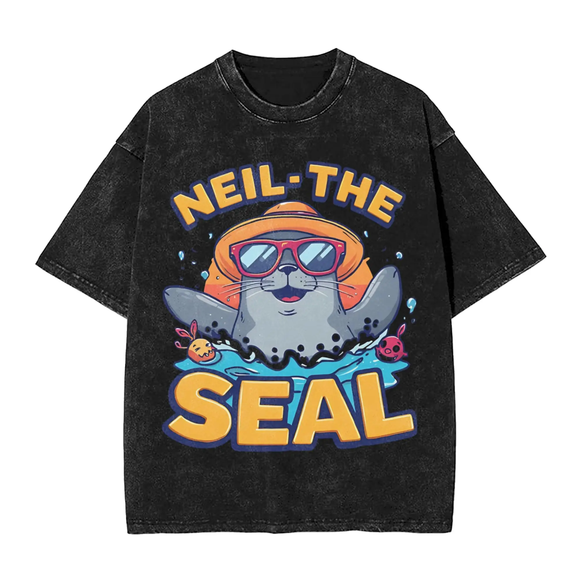 Neil the Seal Beach Sunglasses T Shirts Washed Short Sleeve Oversize T-Shirt for Men Women Tops Streetwear Graphic Tee Shirt