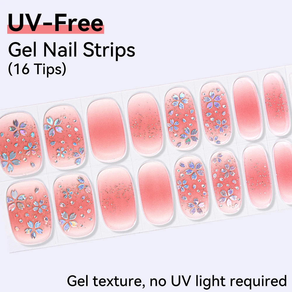 16tips Pink Baking-Free Nail Polish Stickers Full Cover Nail Wraps Self-Adhesive DIY Manicures Decoration Decal Glitter Stripes