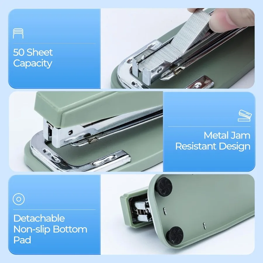 SwingArm Stapler with 50 Sheet Capacity 360 Rotation 1000 Staples for Booklet Binding Durable for Office School Home Green