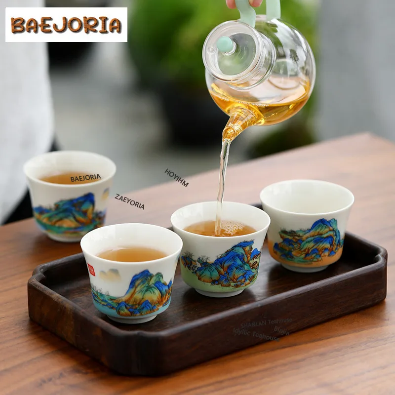 BAEJORIA 4pc/lot 85ml Landscape White Porcelain Teacup Ancient Tea Bowl Teacup Meditation Cup Chazhan Master Cups Tea Services