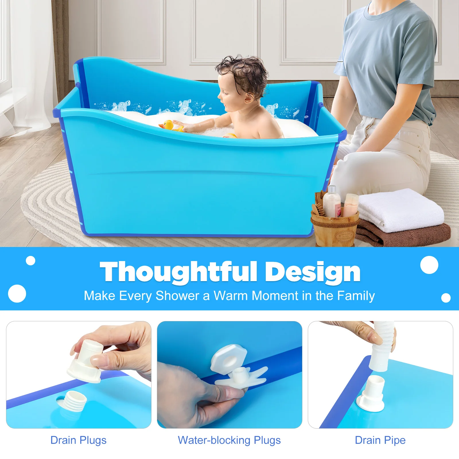 Blue Portable Folding Bathtub Indoor Baby Bath Newborn Shower Tub Large Space Family Bathtub 98 x 50 x 56 cm