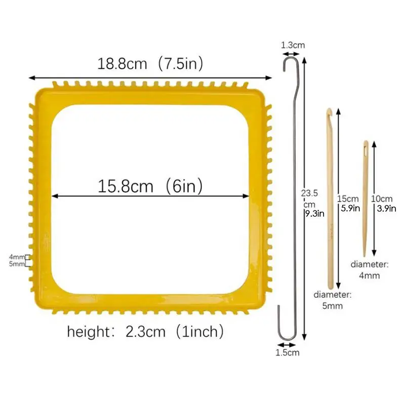 نول النسيج اليدوية ومجموعة هوك 18 الأسنان مربع الأصفر النسيج الإطار آلة ينسج النسيج الإطار للأطفال البالغين