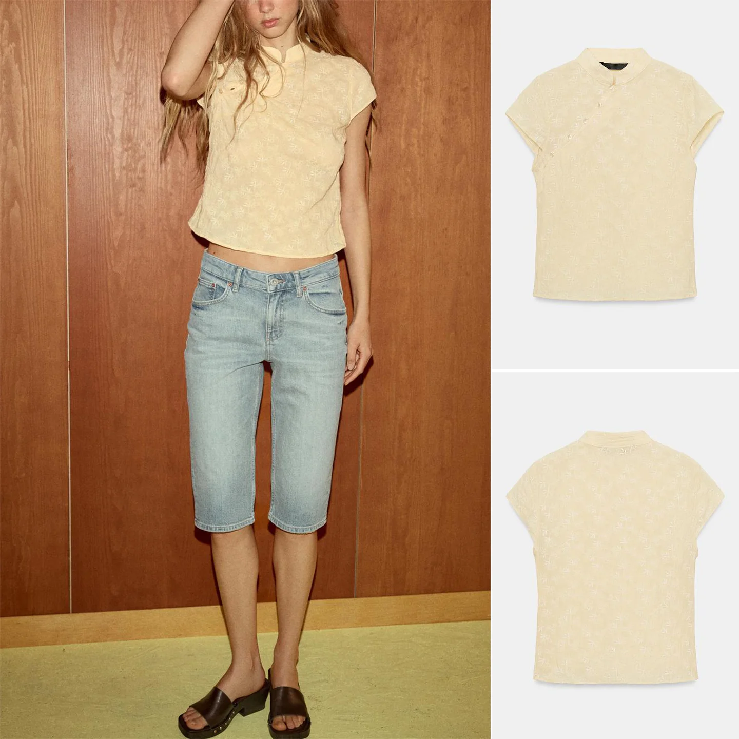 

Summer New Women's Casual Style Button Decorated Embroidery Zhongshan Collar Ultra-Short Sleeve Shirt Breathable Polyester Fiber