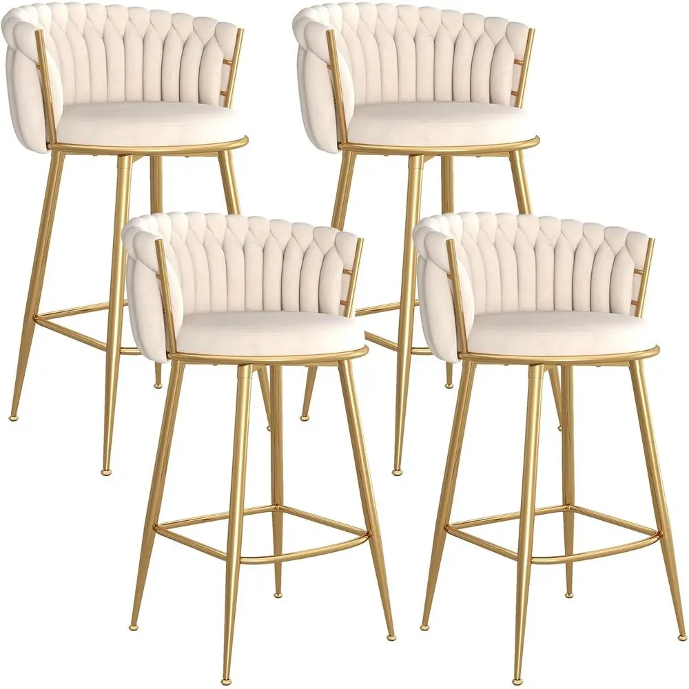 

Counter Height Stools Set o 4, Velvet Bar Stools with 27 Inches Upholstered Seat Height, Handmade Woven Back Armrest, Sturdy n M