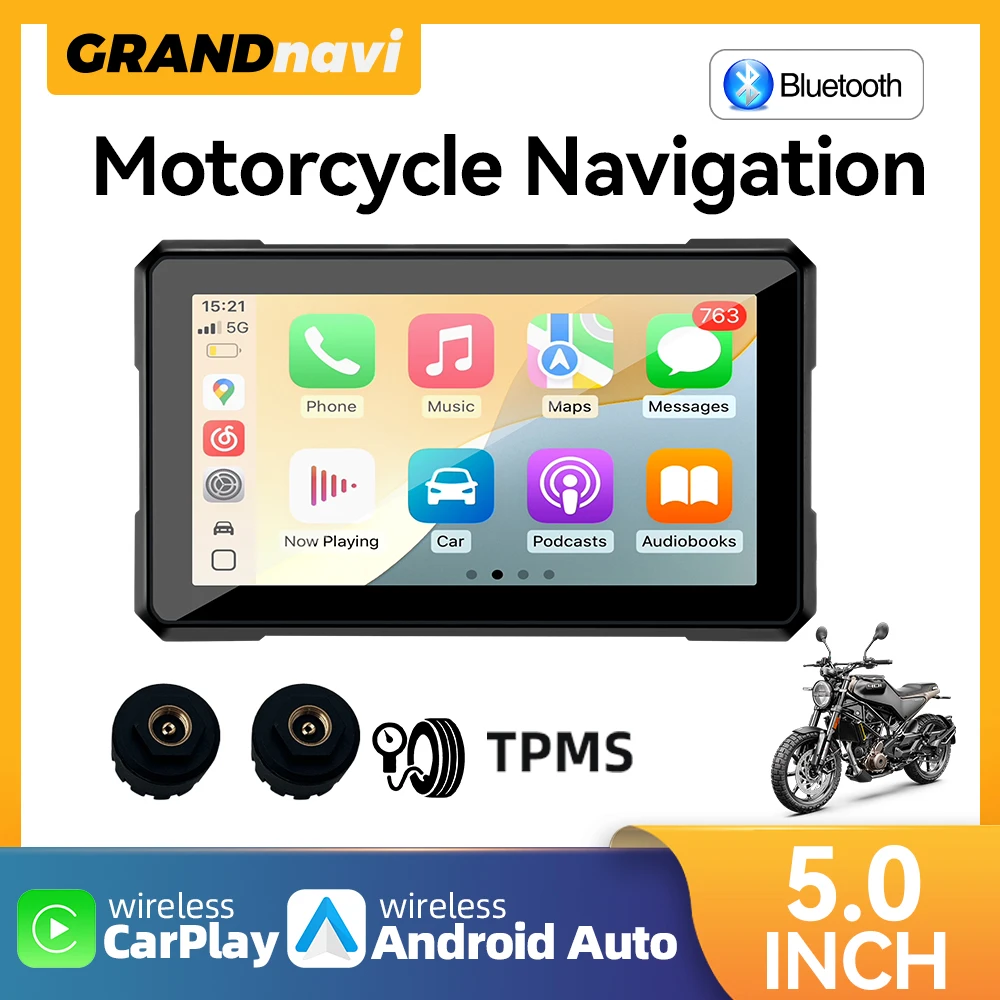 

5 inch Motorcycle Navigation Wireless CarPlay Android Auto IP67 Full Screen Support Tire Pressur TPMS Moto Monitor Portable
