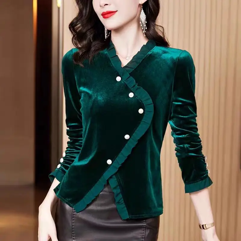 

Irregular Slit Hem Gold Velvet Vintage Tops Spring Autumn New Long Sleeve Button Elegant Blouse Fashion Office Women Clothing