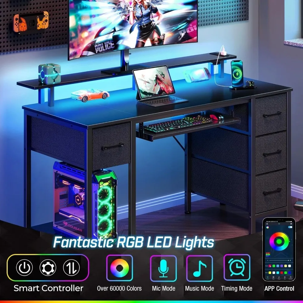 مكتب كمبيوتر Seventable 47.2 مع أضواء LED ومنافذ طاقة، مكتب منزلي مع 4 أدراج، مكتب كتابة مع صينية لوحة المفاتيح،