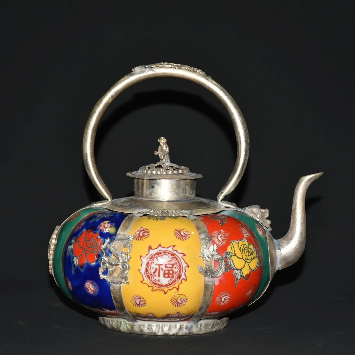 Collection Chinese Colorful Porcelain Copper Monkey Statue Teapot Flagon Ornaments