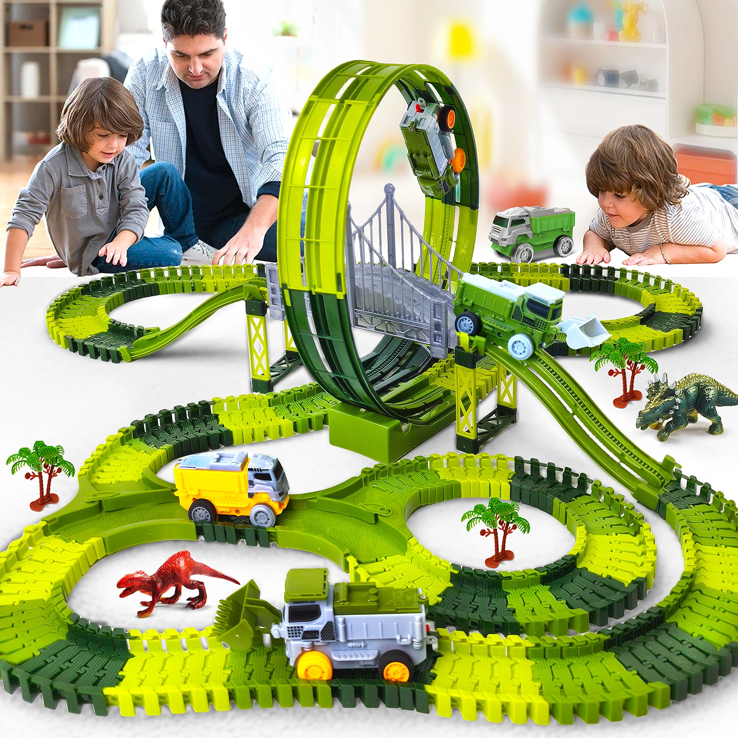 Electric Dinosaur Racing Car Track - Flexible Magic Climbing Rail Car Educational Puzzle Toy for Age 3-9 Boys Toddler Girls