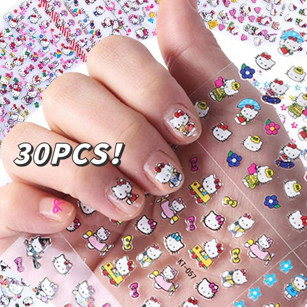 30pcs/lot 3D Sanrio Kawaii Hello Kitty Nail Art Stickers Various Design Hellokitty Cute Nail Decals Christmas Gift For Kids/Girl