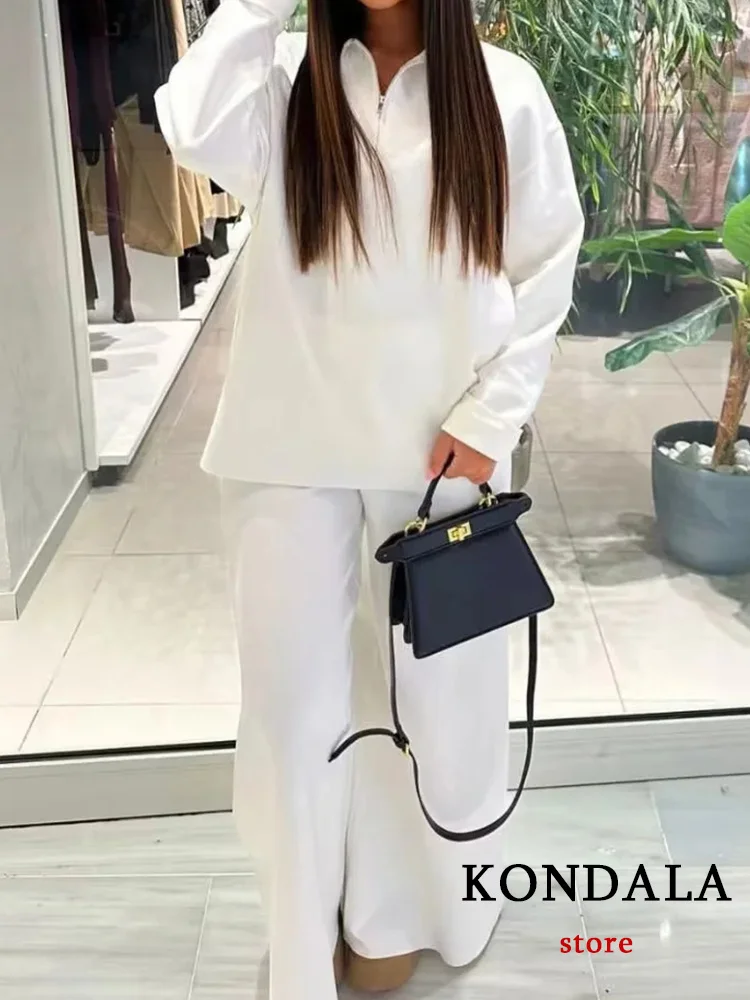 KONDALA Vintage Casual White Women Suit Hooded Loose Jackets+Wide Leg Long Pants New Fashion 2023 Autumn Winter Sports Suit