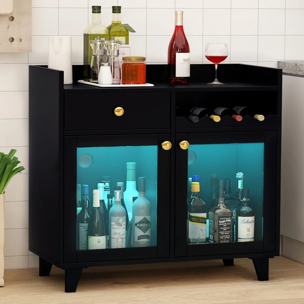 Small Wine Cabinet with Glass Doors, Modern Liquor Bar Cabinet with LED Light for Alcohol, Farmhouse Buffet Coffee Sideboard