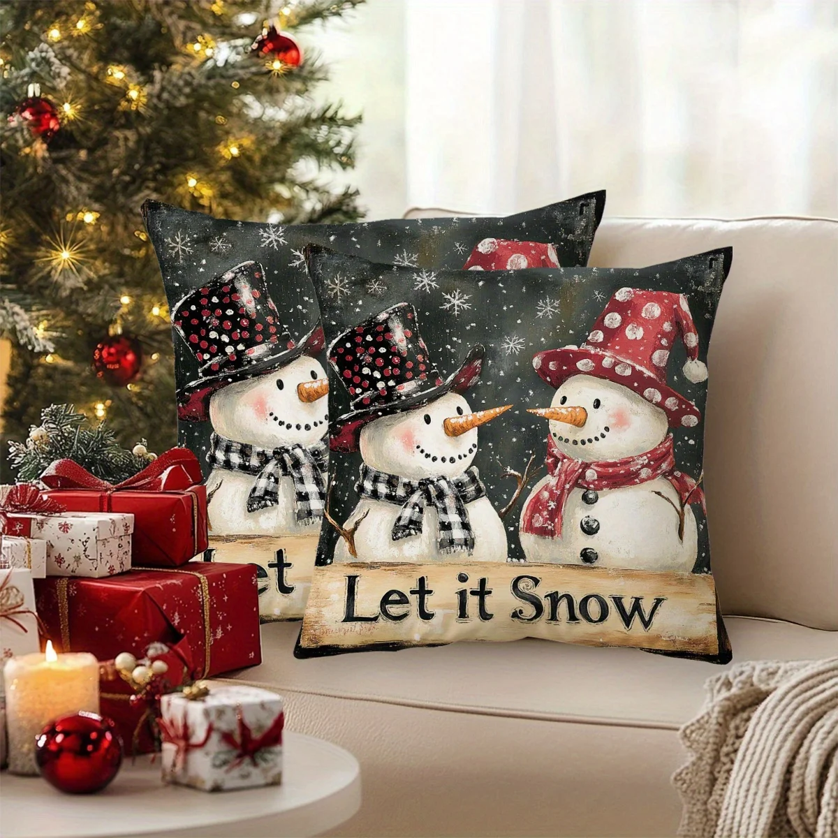 2pcs Vintage Christmas Snowman Design Throw Pillow Covers, Hand-Painted Style Polyester Fabric with Zipper Closure 18x18 In