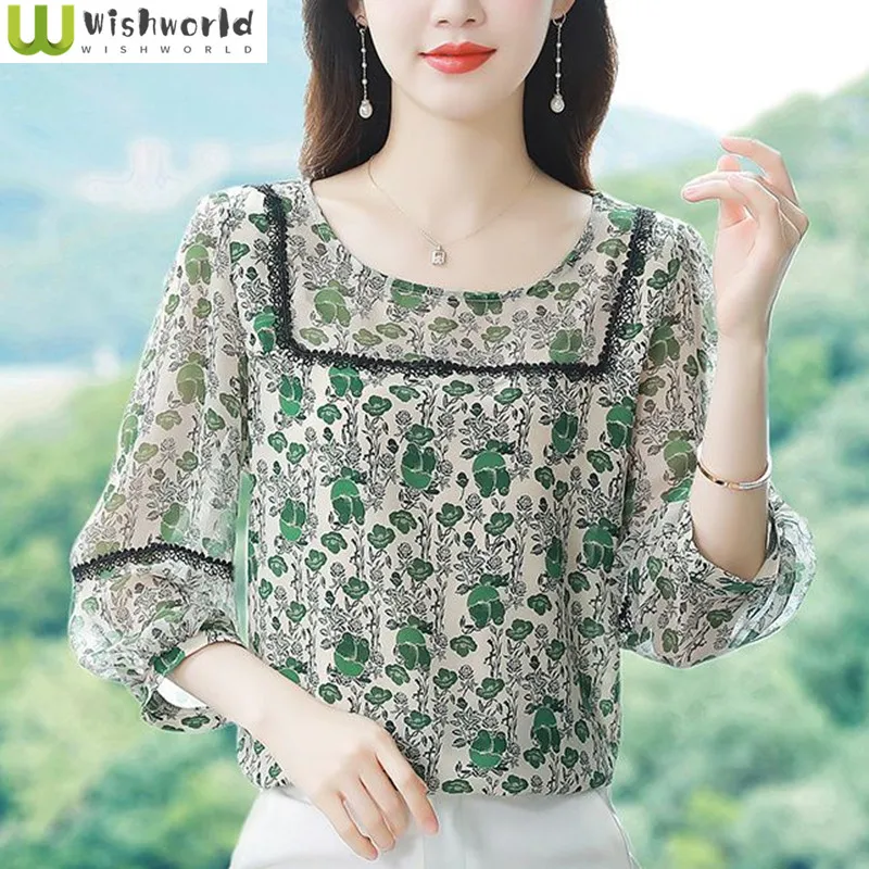 

Western Style Printed Chiffon Shirt Spring/summer New Korean Style Fashionable Round Neck Loose Fitting and Age Reducing Shirt