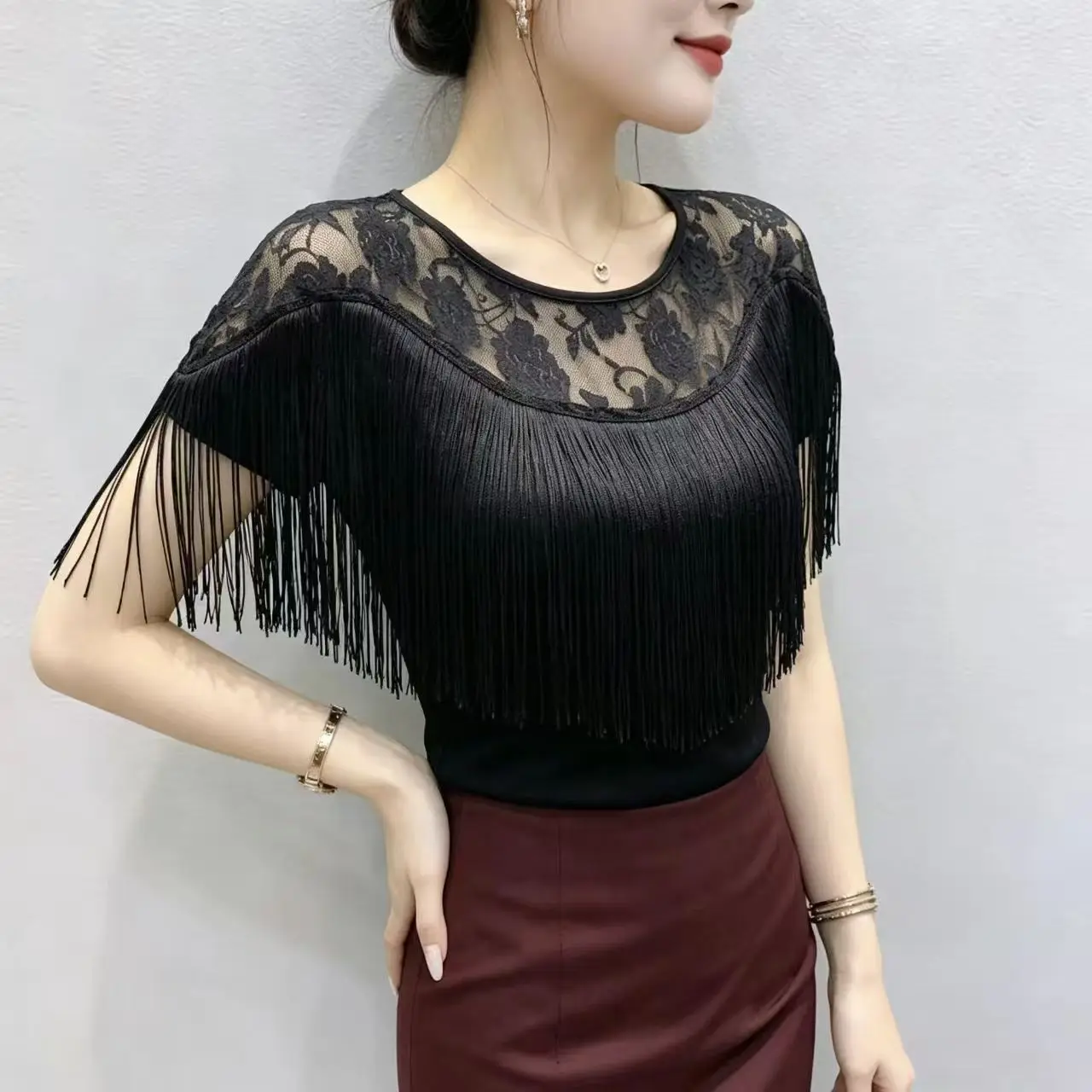 MadBlack-Women European T-Shirt, Sexy O Neck Tassel Lace, Clubwear Short Sleeve Slim M-3XL Knit Tee, 2026 Summer New T64670CC
