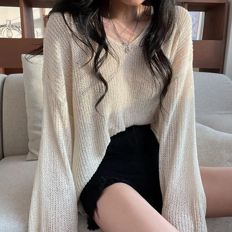

Шикарный вязаный свитер V-Ne Long Sve, женский свободный тонкий свитер, весна-осень, модный топ для поездок на работу, повседневный ленивый сле